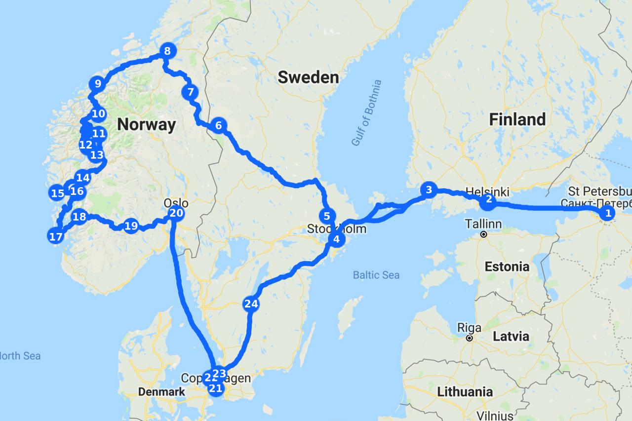Карта путешествия по Скандинавии
